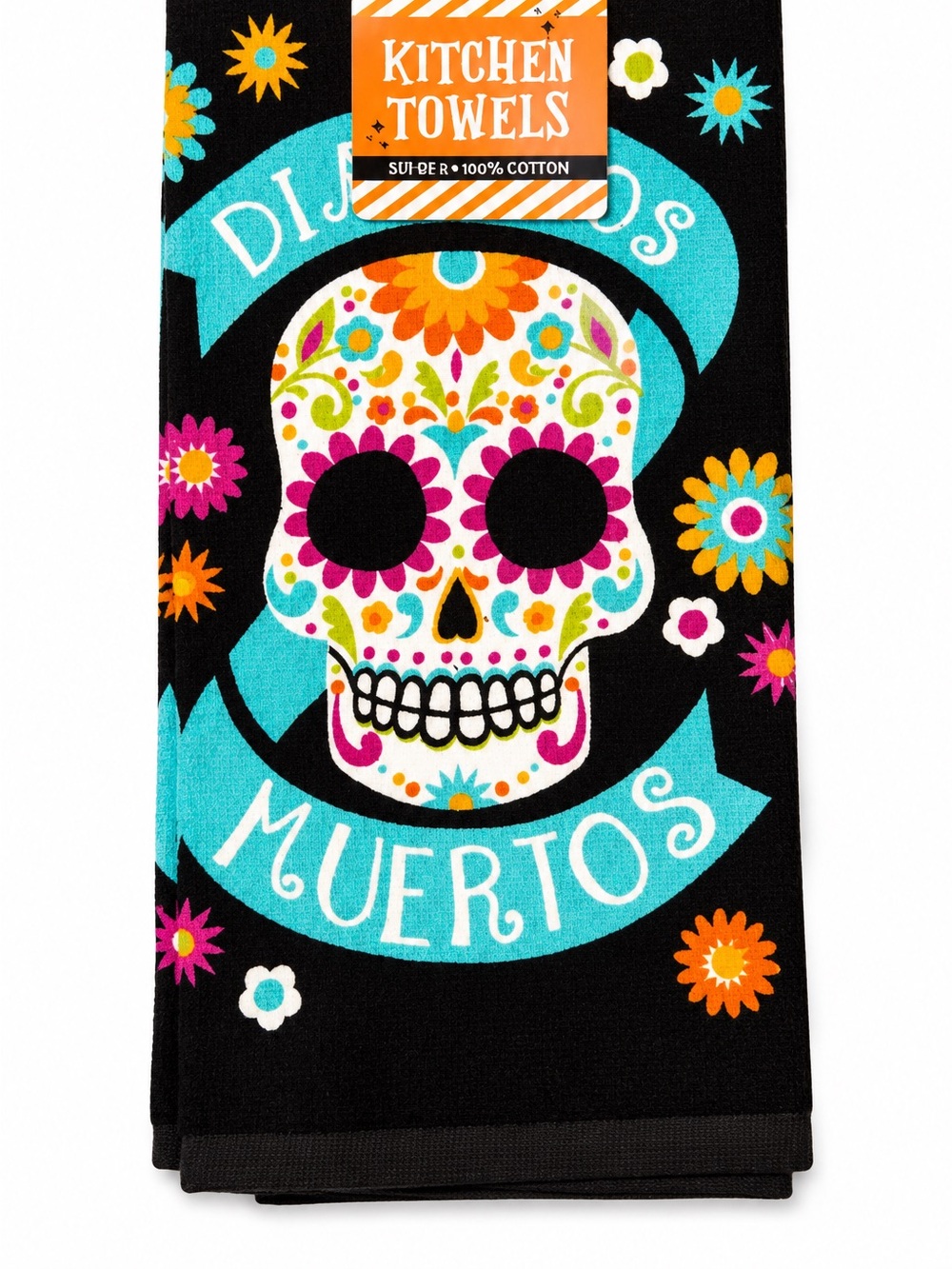 Day of the Dead Sugar Skull Kitchen Towel - Black & Turquoise